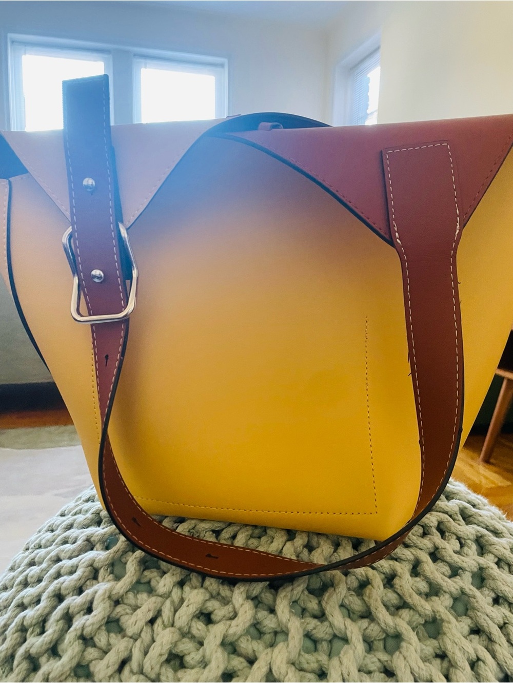Yellow Leather Tote with Brown Straps - Women's Shoulder Bag